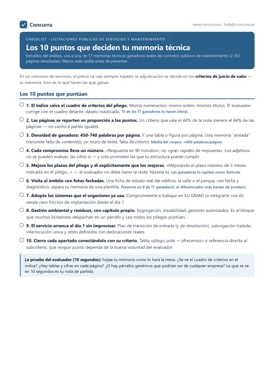 Vista previa de la checklist: los 10 puntos que deciden tu memoria técnica